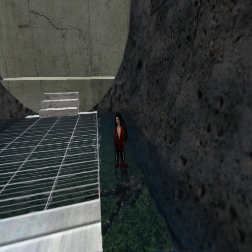 A videogame still of a woman in red standing over a body submerged in a stream.